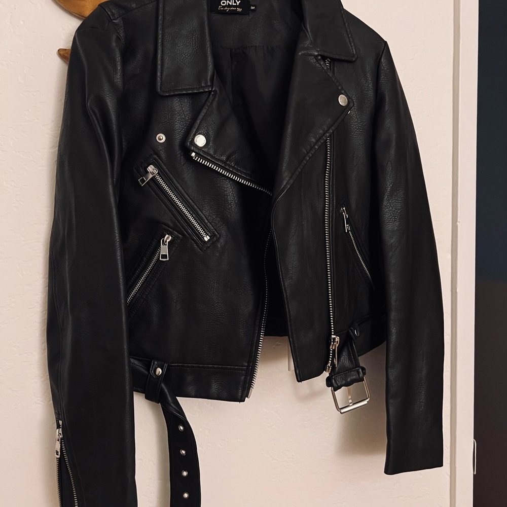 ONLY Women's Green Leather Moto Jacket